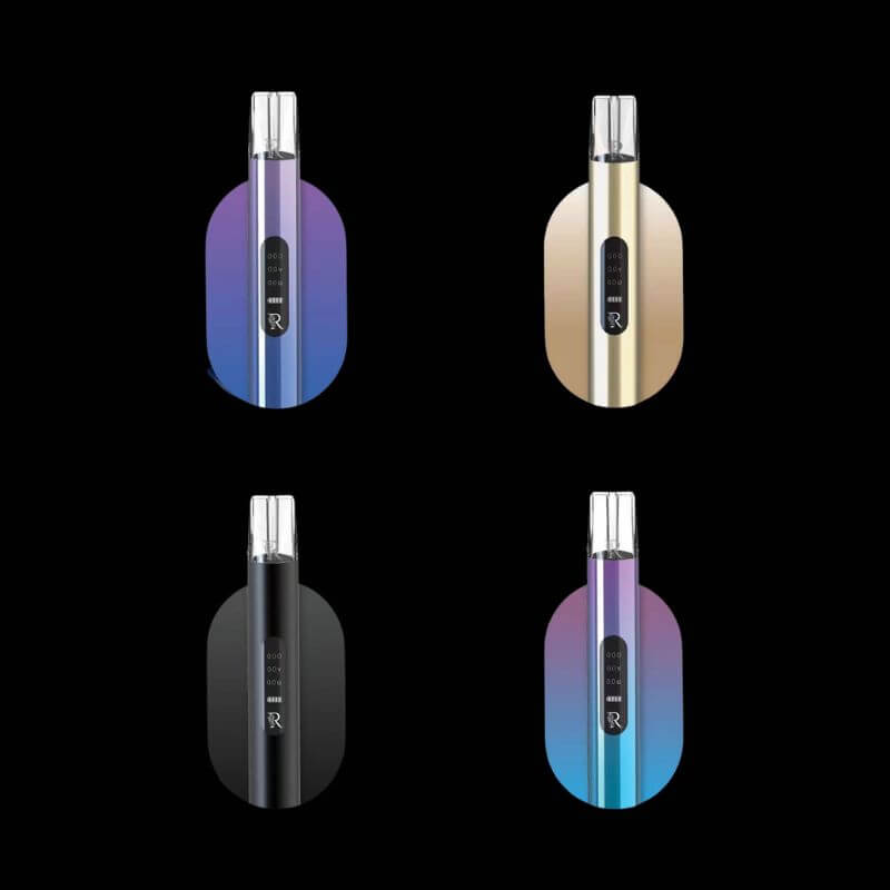 SGVape R-ONE PAIL LILAC DEVICE, R-ONE CHAMPAGNE GOLD DEVICE, R-ONE BLACK JADE DEVICE, and R-ONE PURPLE BLUE DEVICE on a black color background